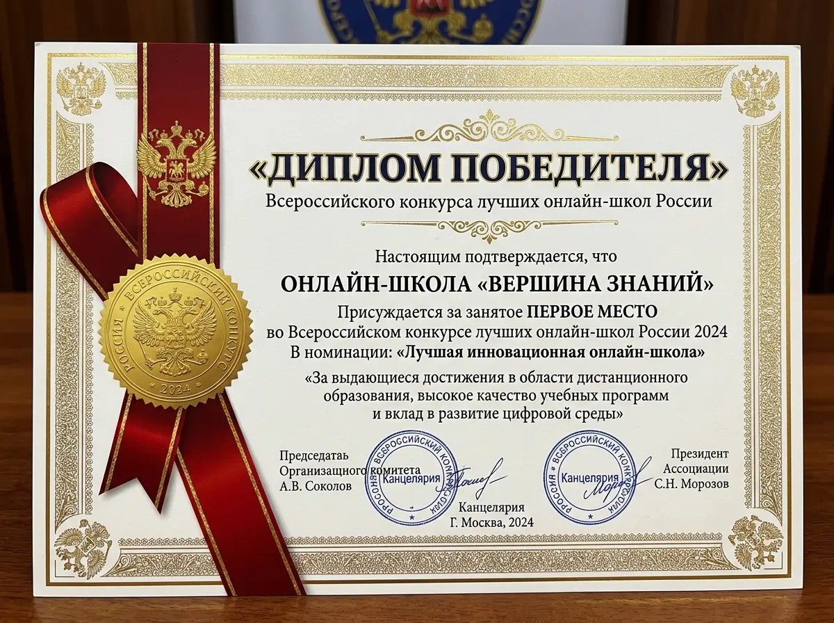 Диплом победителя всероссийского конкурса лучших онлайн-школ России, золотая печать, красная лента, официальный документ